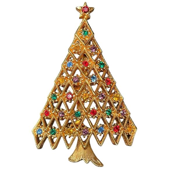 Vintage JJ Signed Christmas Tree Brooch Pin Gold Tone Rhinestone Holiday 2.25" - Picture 3 of 8